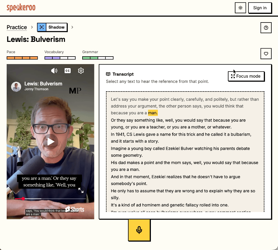 Focus mode following highlighted text during a recording