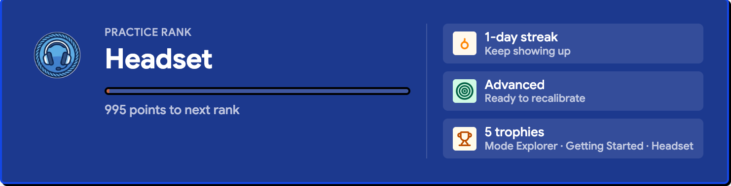 Practice rank ladder, streak status, and trophy case