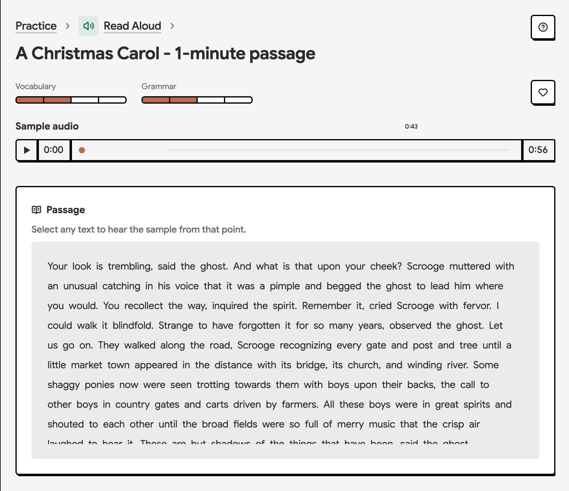 Read Aloud passage with sample audio and recording controls